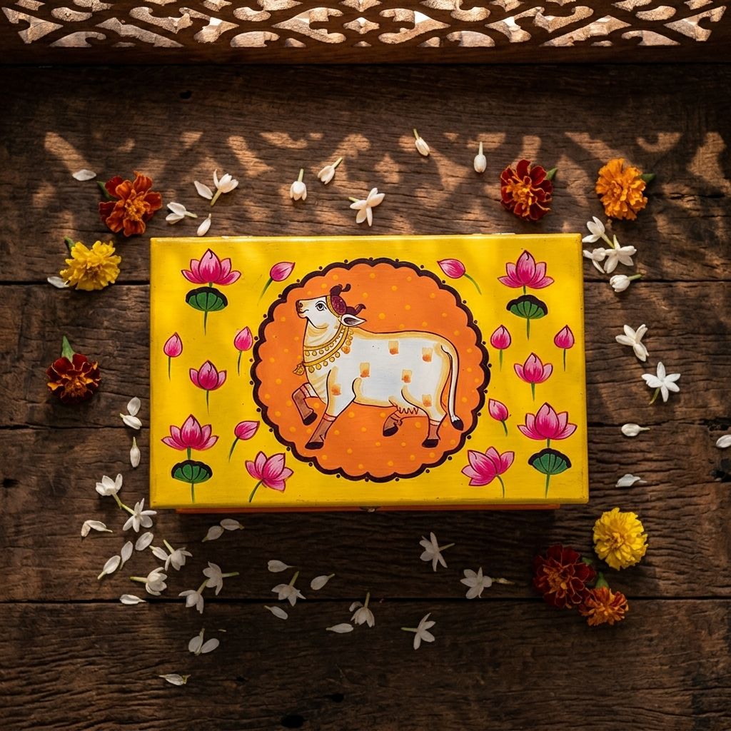 Hand Painted Pichwai Art Wooden Yellow Color Large size Storage Box