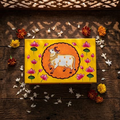 Hand Painted Pichwai Art Wooden Yellow Color Large size Storage Box