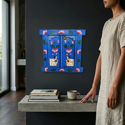 Hand Painted Pichwai Art Wooden Blue Color Jharokha With Door