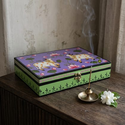 Hand Painted Pichwai Art Wooden Purple Color Storage Box