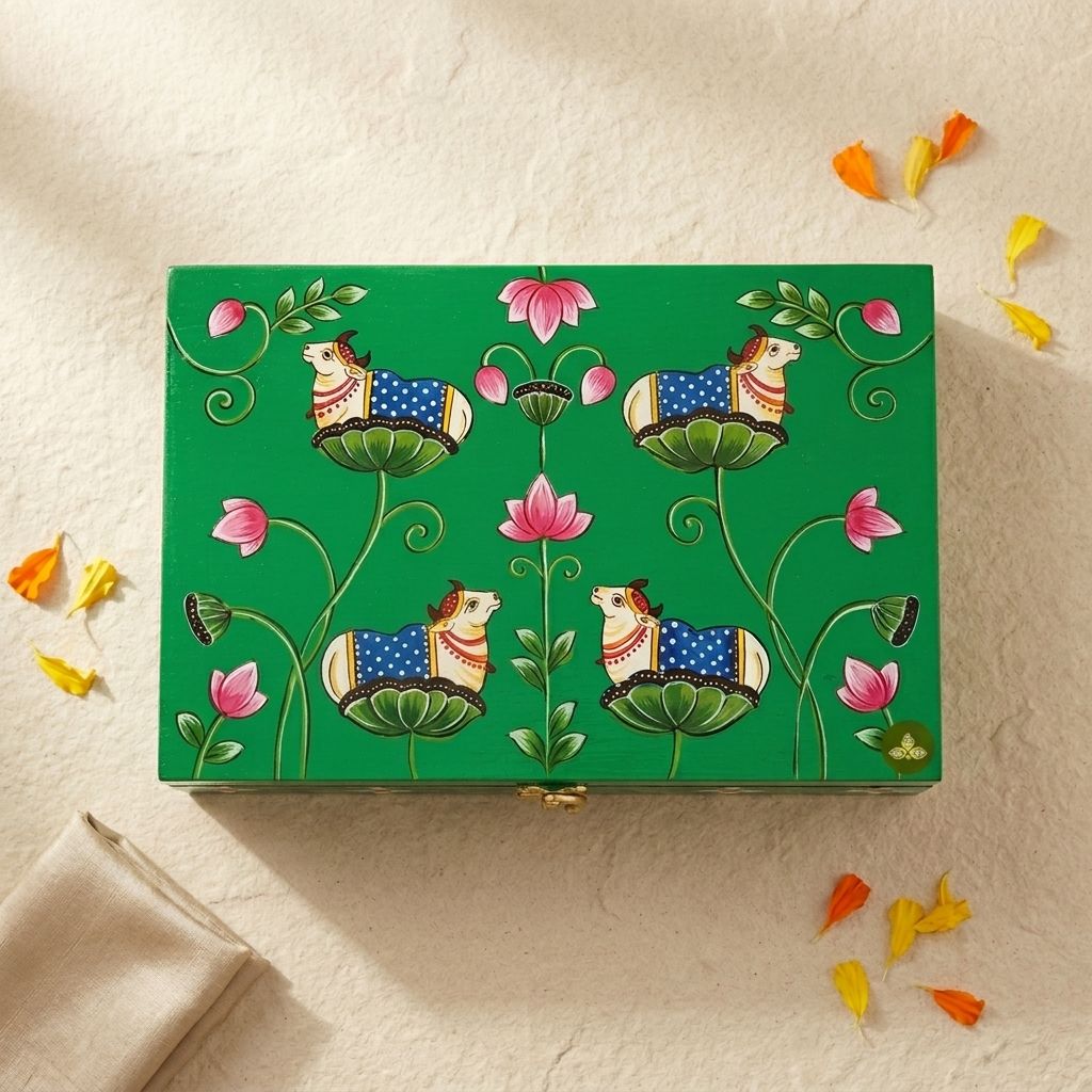 Hand Painted Pichwai Art Wooden Green Color Storage Box