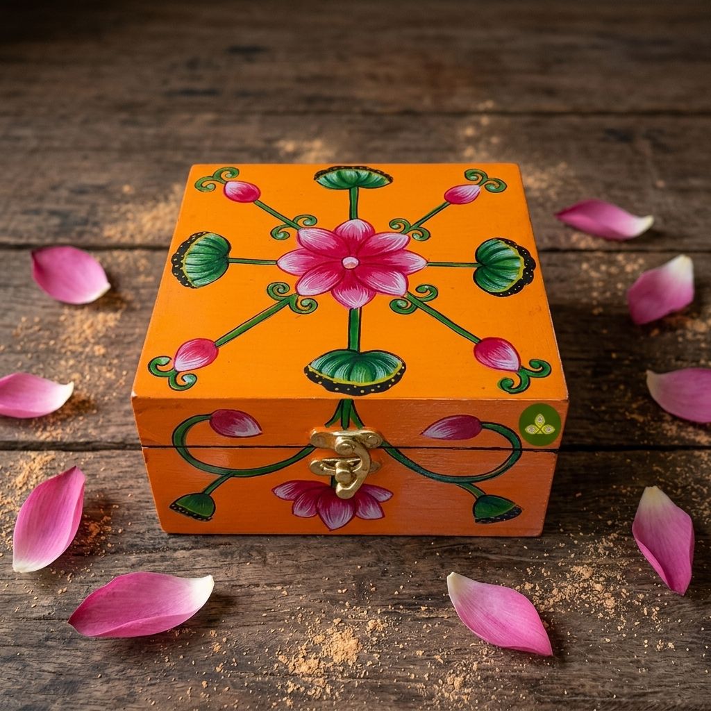 Hand Painted Pichwai Art Wooden Orange Color Square shape Storage Box