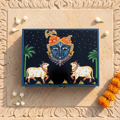 Hand Painted Shreenathji Pichwai Art Wooden Black Blue Color Storage Box