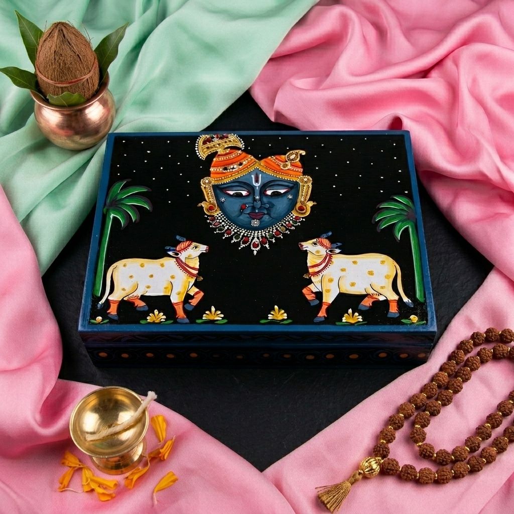 Hand Painted Shreenathji Pichwai Art Wooden Black Blue Color Storage Box