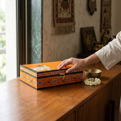 Hand Painted Pichwai Art Wooden Orange Color Storage Box