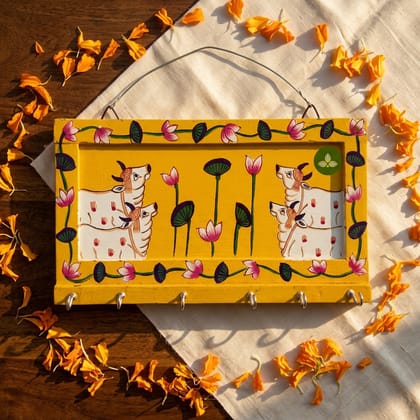 Hand Painted Four Cow Pichwai Art Wooden Yellow Color Key Holder