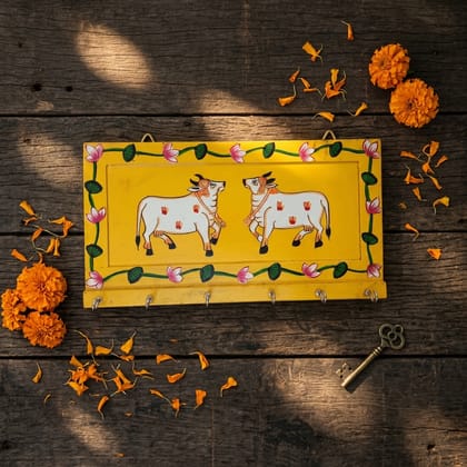 Hand Painted Two Cow Pichwai Art Wooden Yellow Color Key Holder