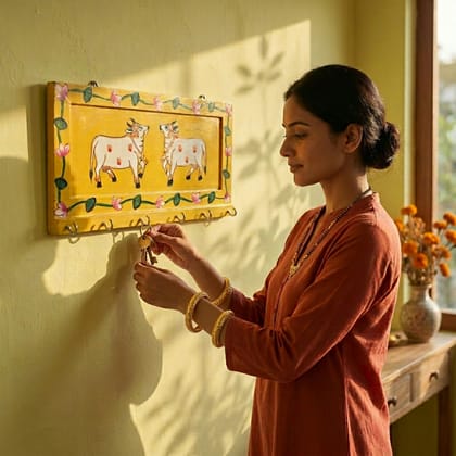 Hand Painted Two Cow Pichwai Art Wooden Yellow Color Key Holder