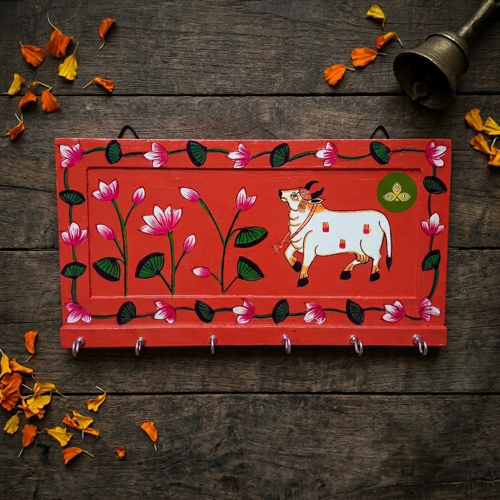 Hand Painted Single Cow Pichwai Art Wooden Orange Color Key Holder
