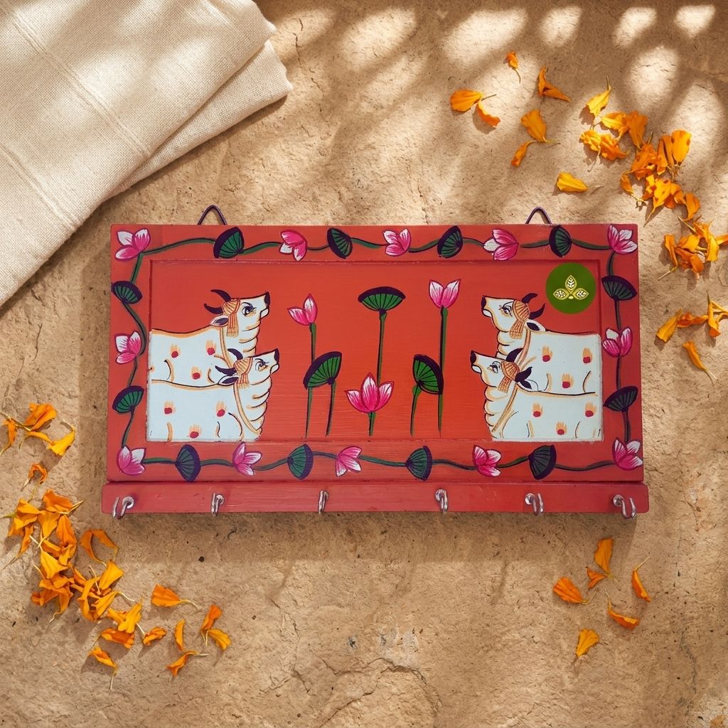 Hand Painted Four Cow Pichwai Art Wooden Orange Color Key Holder