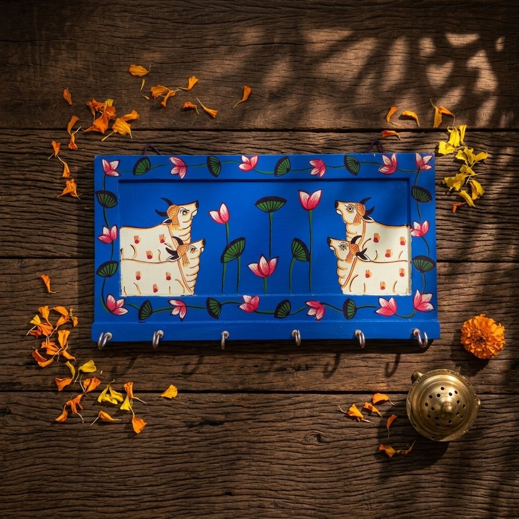 Hand Painted Four Cow Pichwai Art Wooden Blue Color Key Holder