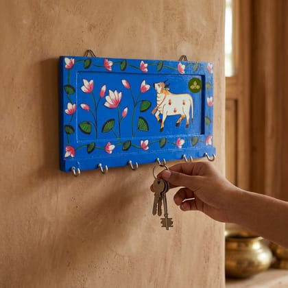 Hand Painted Single Cow Pichwai Art Wooden Blue Color Key Holder