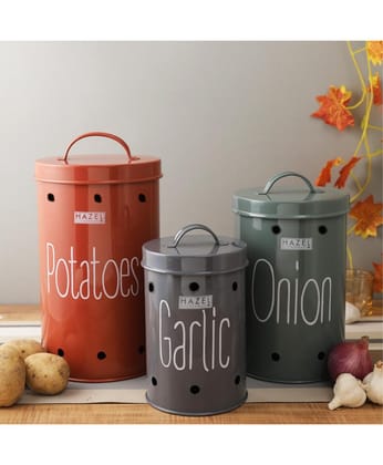 HAZEL Galvanized Metal Onion, Potato, Garlic Storage Container Set for Kitchen,Food Grade Storage with Lid, Set of 3 for Organizing Your Kitchen and Festive Cooking Essentials, Multicolor HAZEL Galvanized Metal Onion, Potato, Garlic Storage Container Set for Kitchen,Food Grade Storage with Lid, Set of 3 for Organizing Your Kitchen and Festive Cooking Essentials, Multicolor