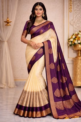 Kottanj Border Silk Cotton Saree in Purple and Beige Kottanj Border Silk Cotton Saree in Purple and Beige