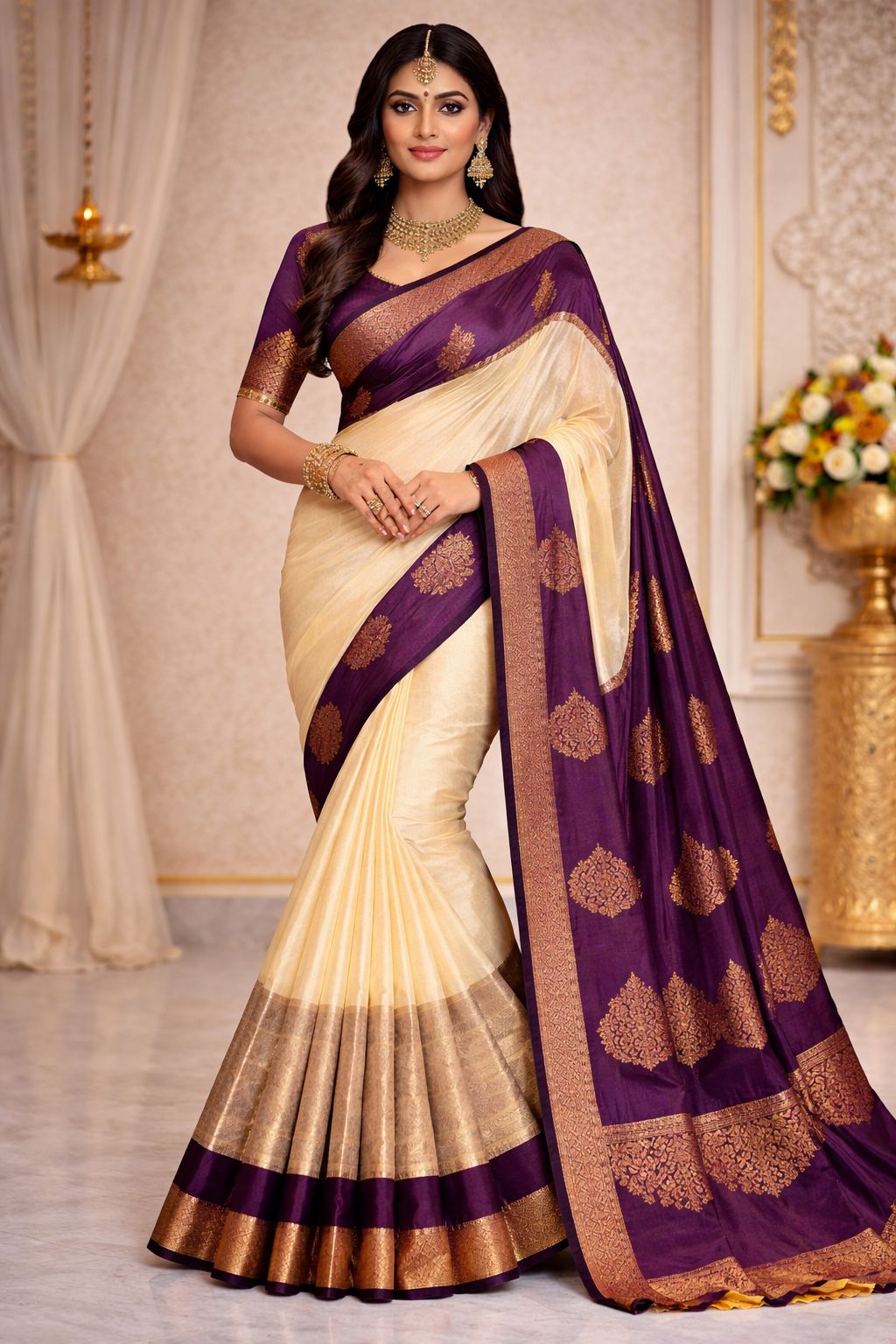 Kottanj Border Silk Cotton Saree in Purple and Beige