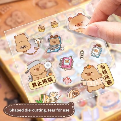 Capybara Daily Life PET Sticker Sheet Pack – 100 Sheets Kawaii Animal Stickers, Waterproof Die-Cut Cute Capybara Stickers for Journaling, Scrapbooking & DIY (185x185mm)