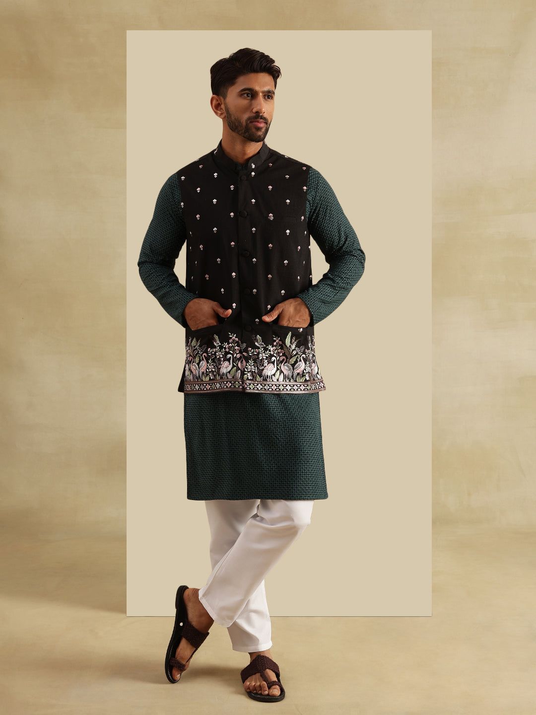 Men's Cotton Green Kurta & White Pyjama With Daman Embroidered Black Nehru Jacket-36