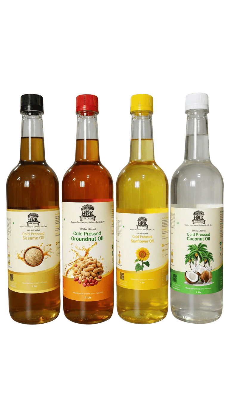 Healthy Oil Combo Pack (Groundnut + Sunflower + Coconut + Sesame Oil | 1L Each | Wood Pressed | HRK Farms)
