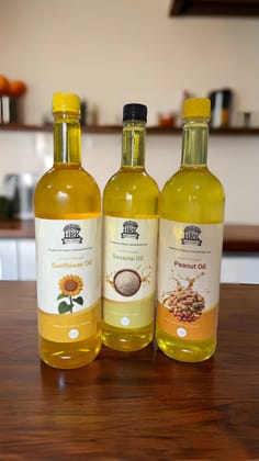 Healthy Cooking Oil Combo (Groundnut + Sunflower + Sesame Oil | 1L Each | Wood Pressed | HRK Farms)