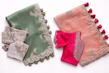 Peach and Sage Green Designer Embroidered Saree Set Peach and Sage Green Designer Embroidered Saree Set