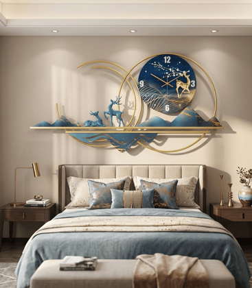 Modern Luxury Wall Art with Clock - Blue & Gold Circular Design for Living Room & Bedroom 