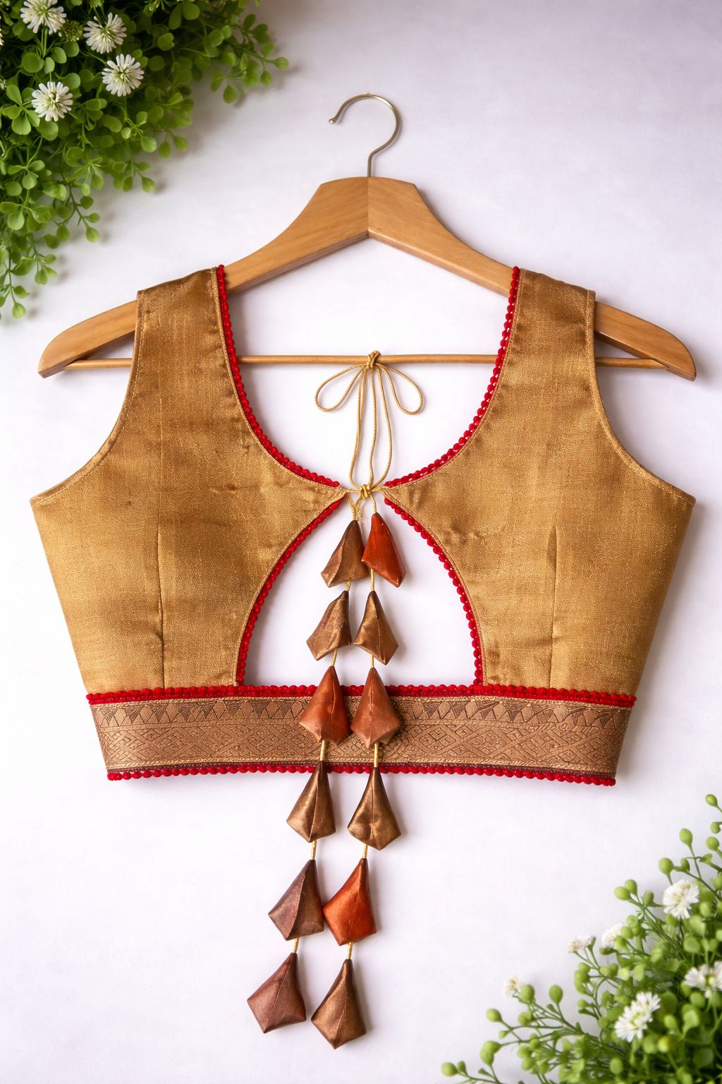 Women's Golden Silk Sleeveless Designer Blouse with Dori and Latkan