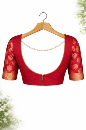Women's Red Brocade Silk Elbow Length Sleeve Blouse with Pearl Back Detail