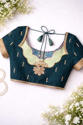 Women's Teal Silk Designer Blouse with Floral Embroidery