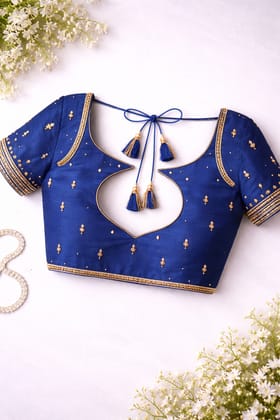 Royal Blue Silk Blouse with Gold Embroidery and Dori Latkan