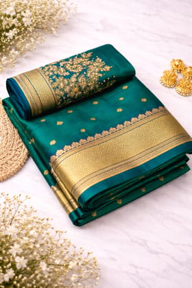 Women's Teal Blue and Green Silk Saree with Zari Border and Embroidered Blouse