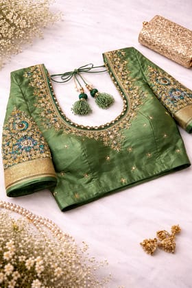 Emerald Green Embroidered Silk Saree Blouse with Tassels