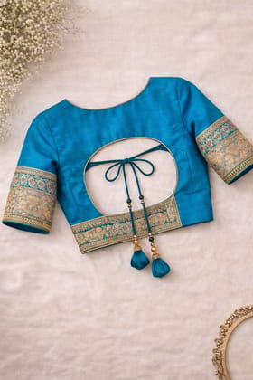 Women's Blue Silk Embroidered Ethnic Blouse with Dori Tassels