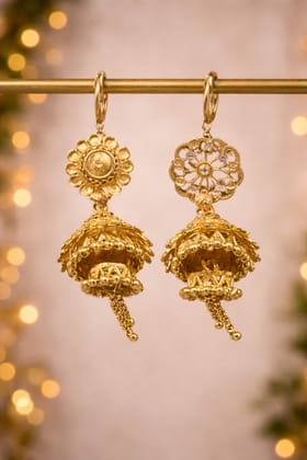 Traditional Gold Plated Jhumka Earrings with Floral and Filigree Detailing Traditional Gold Plated Jhumka Earrings with Floral and Filigree Detailing