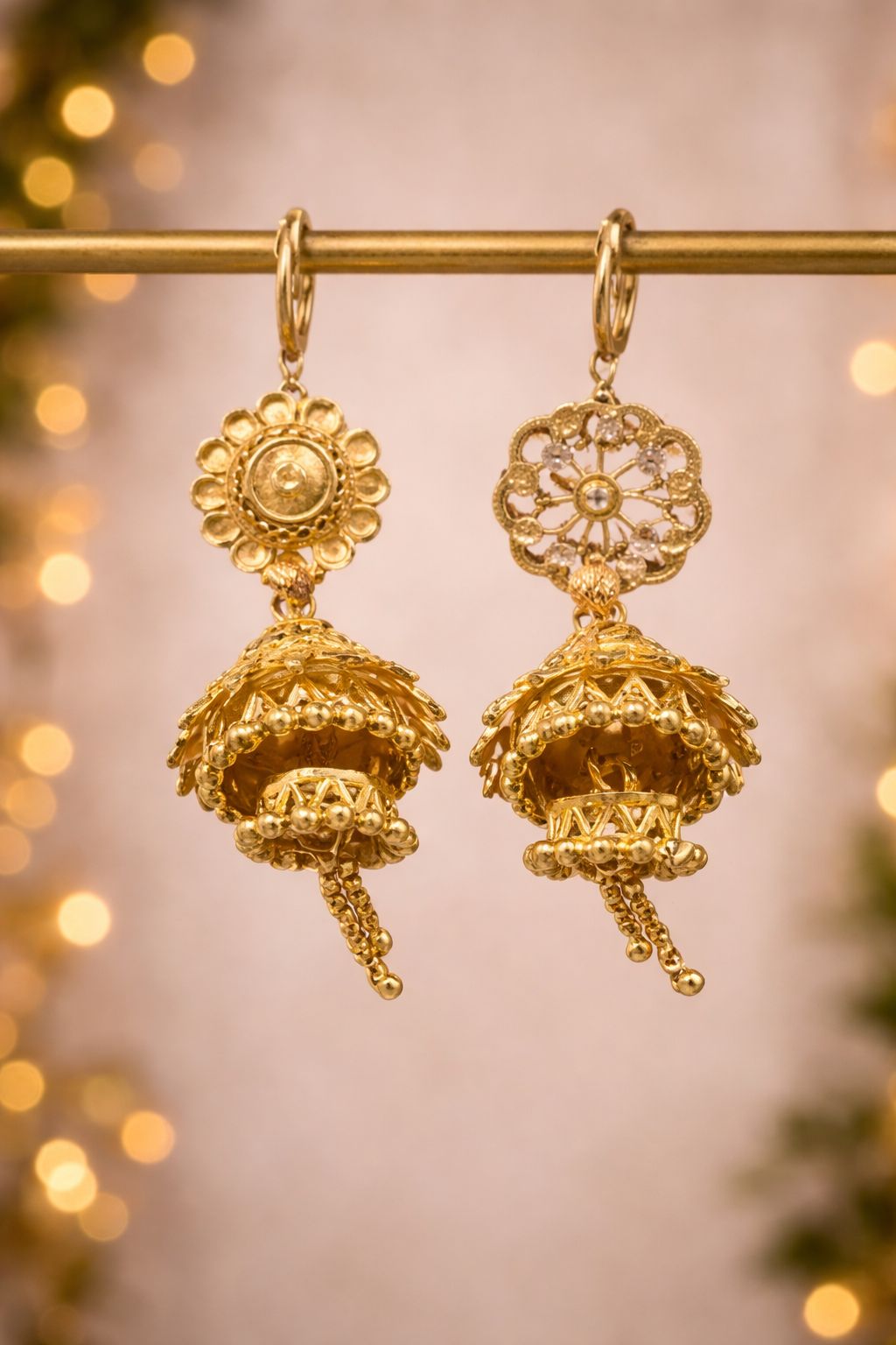 Traditional Gold Plated Jhumka Earrings with Floral and Filigree Detailing