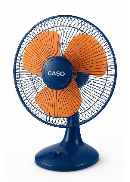 GASO Portable Table Fan with Orange Blades and Blue Grill