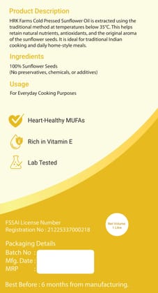 Wood Pressed Sunflower Oil (Cold Pressed | Chemical-Free | HRK Farms)