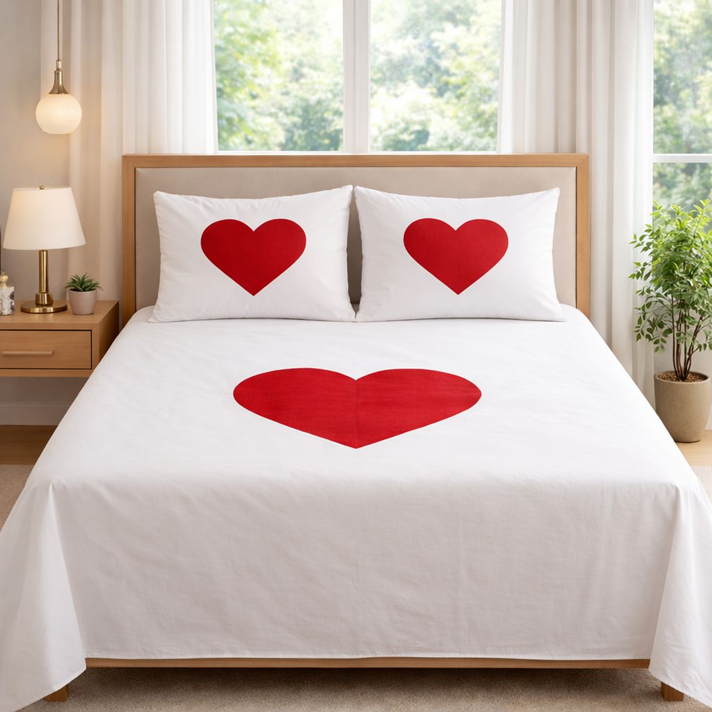 Heart Shape White Double Bedsheet with 2 Pillow Covers