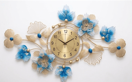 Royal Azure Blooms Metal Wall Art Clock – 3D Floral Design with Gold Accents
