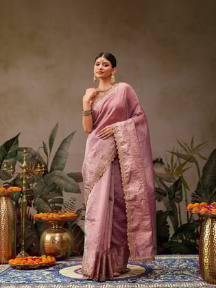 Onion Pink Wrinkled Tissue Organza Saree