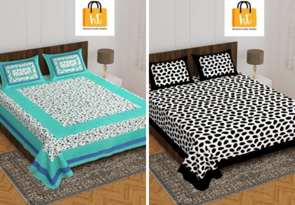 3001-Hometrade India-Standard King Size (90*108 Inches)-Pure Cotton Jaipuri Double Bedsheet With Matching Pillow Cover