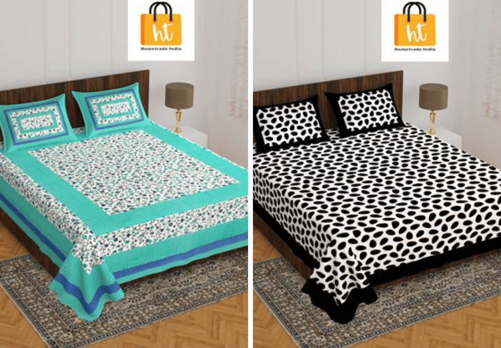 3001-Hometrade India-Standard King Size (90*108 Inches)-Pure Cotton Jaipuri Double Bedsheet With Matching Pillow Cover