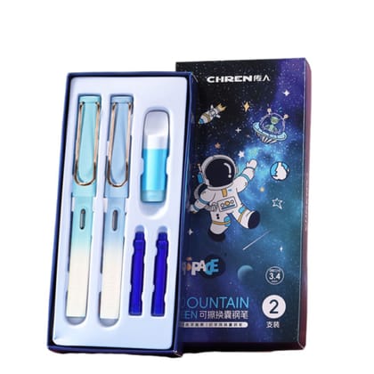 Space Fountain Pen Astronaut Cartoon | Refillable Fountain Writing Pen for Kids & Students | Smooth Fine Nib Ergonomic Grip