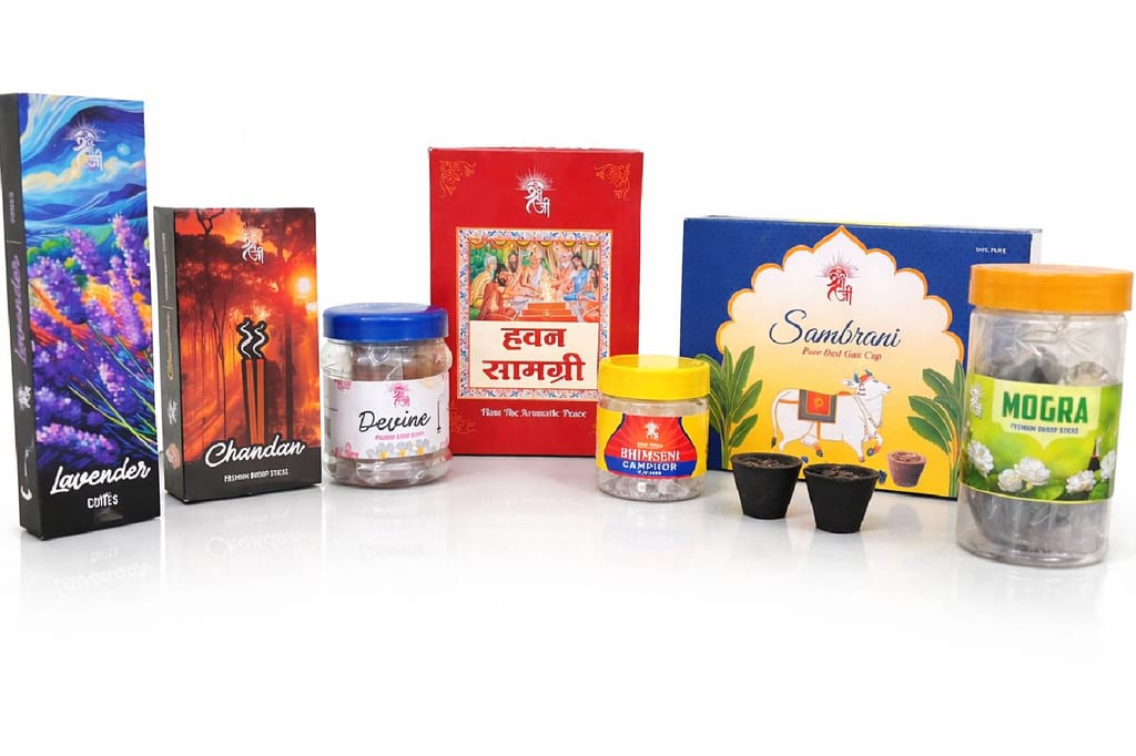 Shri Shriji - Flam the Aromatic Peace | Ultimate Puja Samagri Spiritual Combo Pack | Includes Chandan & Lavender Dhoop, Mogra Sticks, Bhimseni Camphor, Sambrani Cups & Hawan Samgri