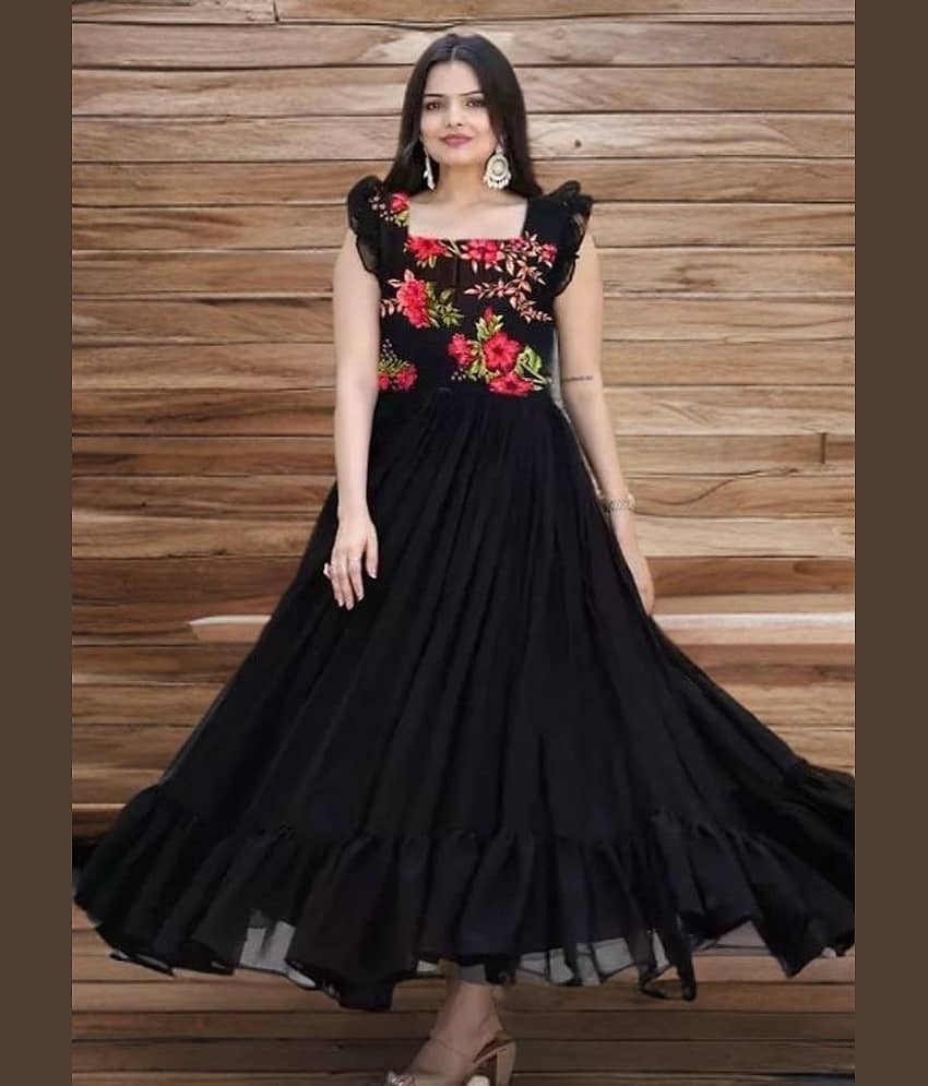 aplix Black Flared Georgette Women's Stitched Ethnic Gown ( Pack of 1 )