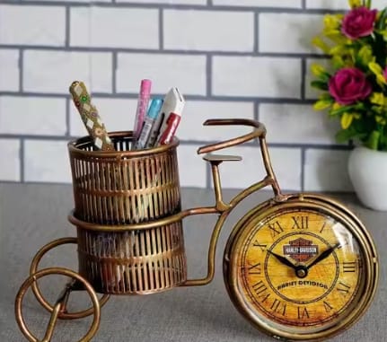 Vintage Bicycle Table Clock with Pen Holder