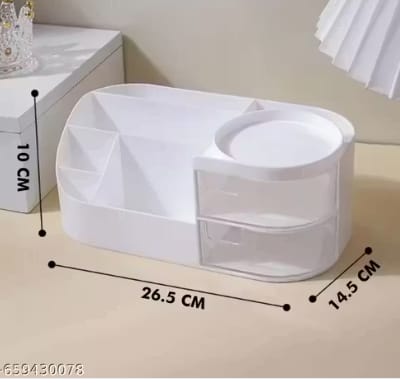 Plastic Desk Organizer with Drawer Makeup Cosmetic Storage Boxes Stationery Holder Home Office Desktop ( White )