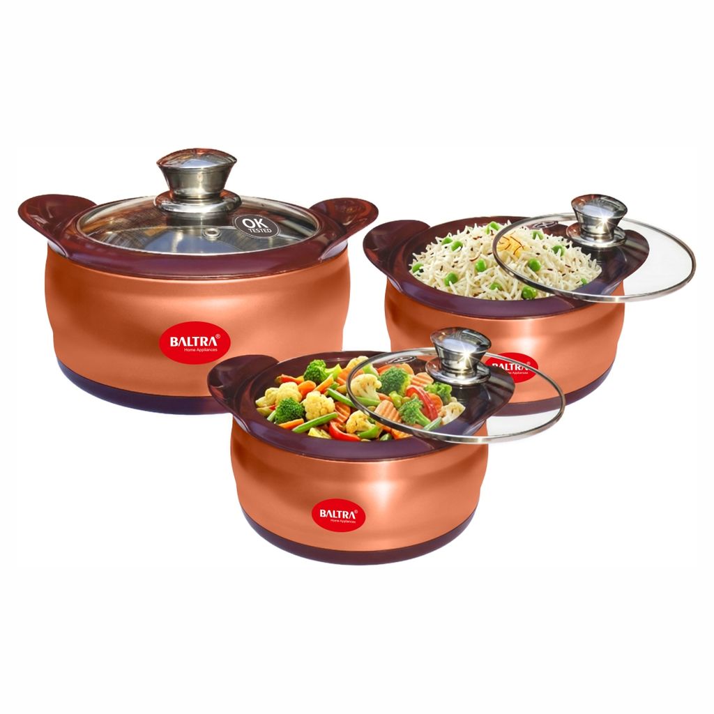 BALTRA Crown Stainless Steel Serving Casserole Set 100% Food Grade with Glass Lid | PUF Insulated Chapati Casserole for Daily Use & Gifting | Hot Box/Roti Box | Hot Pot Chapati Box for Kitchen (Crown Set of 3 (1000+1500+2000ml))