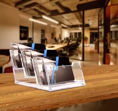 3 Compartment Acrylic Visiting Card Holder – Transparent Business Card Stand for Office Desk