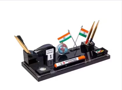 Acrylic Flag Design Stationery Pen Stand For Office And Study Table, Black