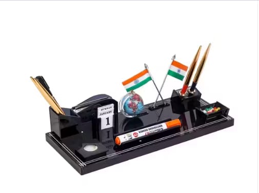 Acrylic Flag Design Stationery Pen Stand For Office And Study Table, Black
